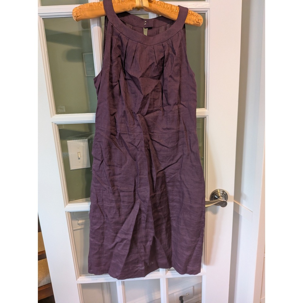 Ann Taylor LOFT Plum Purple 100% Linen Pleated Halter Sheath Dress Size 6